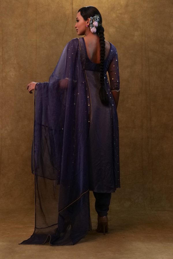 Charcoal Blue Anarkali Suit Paired With Dupatta And Drape Pants. For Discount