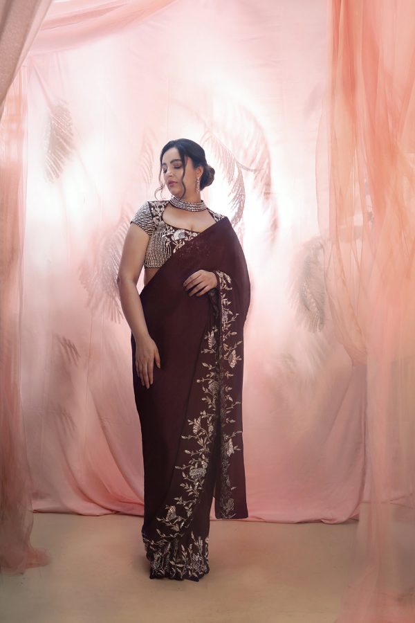 Wine Embroidered Saree With Collar Blouse Fashion