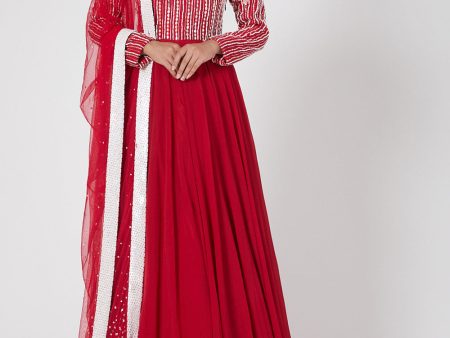 Red Embroidered Anarkali With Dupatta Set Sale