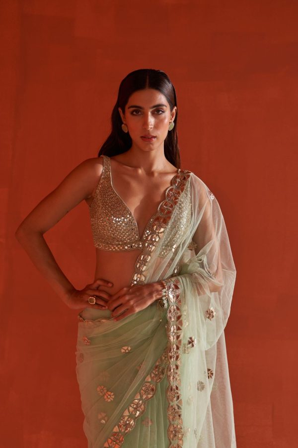 Sea Green Net Saree For Cheap