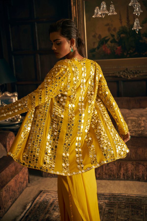 Yellow Mirror Work Stitched & Jacket Saree on Sale