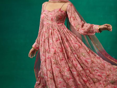 Pink Floral Print Anarkali And Dupatta on Sale