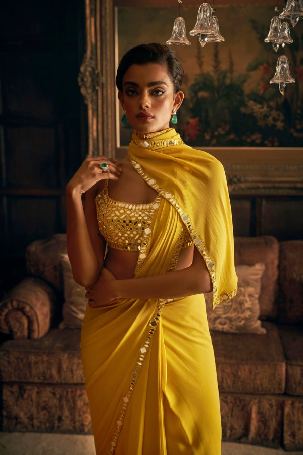 Yellow Mirror Work Stitched Saree on Sale