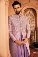 Lilac Embroidered Raw Silk Indowestern  Set Cheap